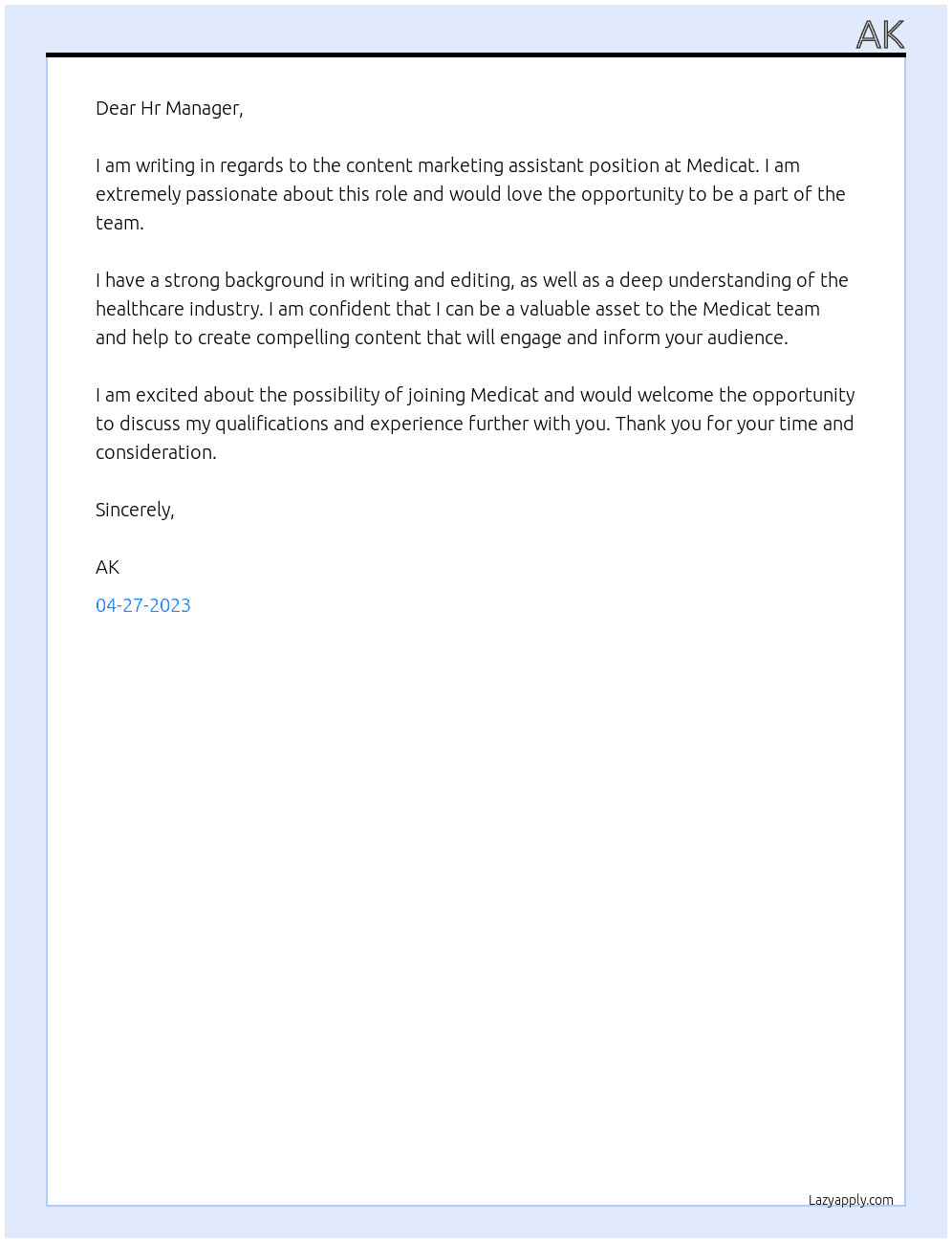 Content marketing assistant At Medicat Cover Letter
