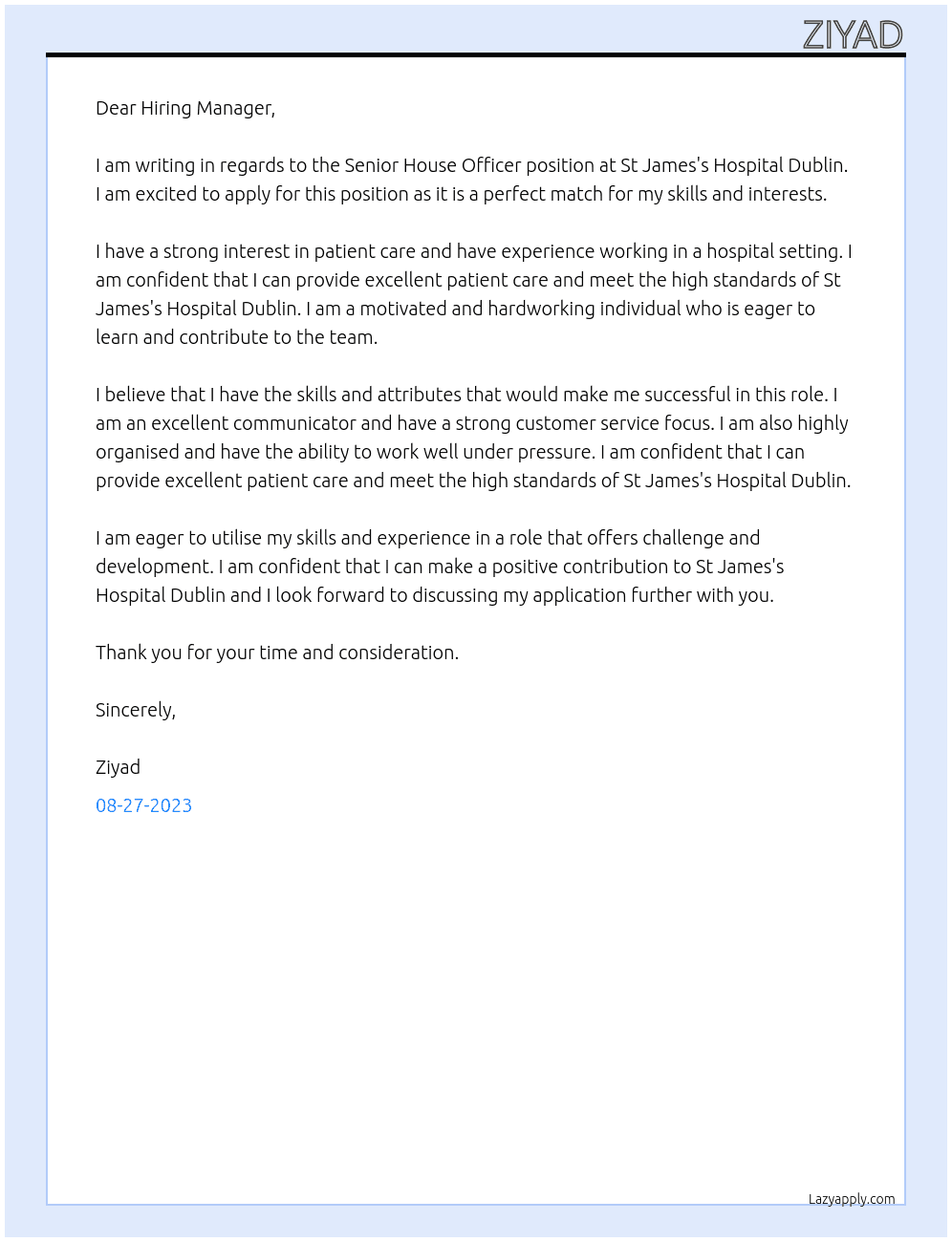 Senior House Officer At St James's Hospital Dublin Cover Letter