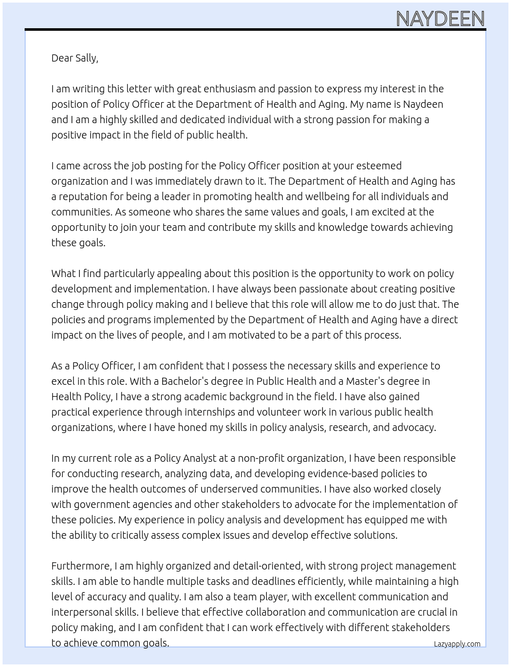 Policy officer At Department of health and aging Cover Letter