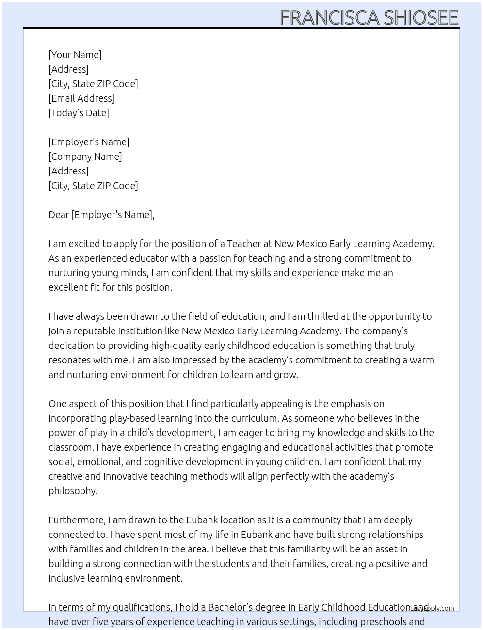 teacher At New Mexico early learning academy  Cover Letter