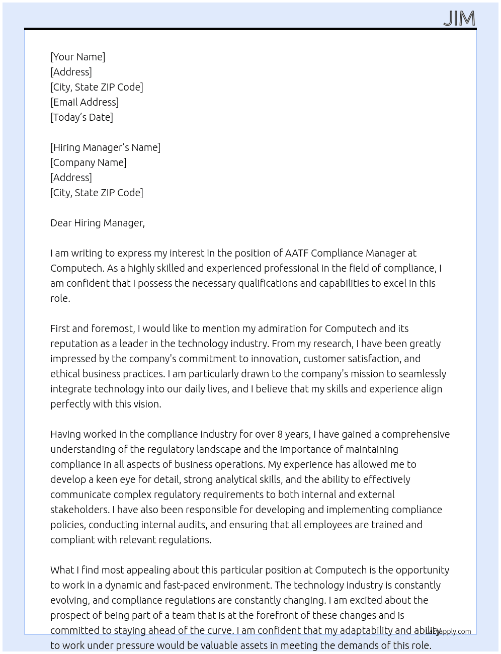 AATF Compliance Manager At Computech Cover Letter