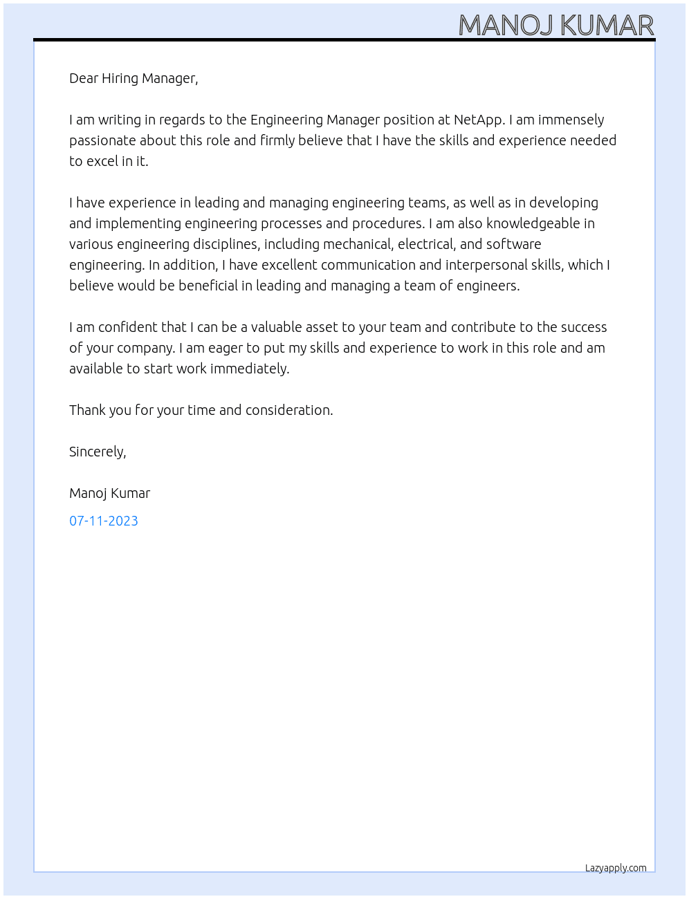 Engineering Manager At NetApp Cover Letter