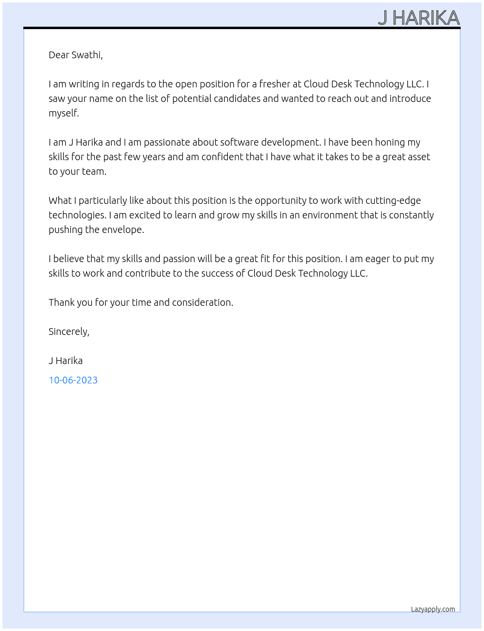 Fresher  At Cloud Desk Technology LLC Cover Letter