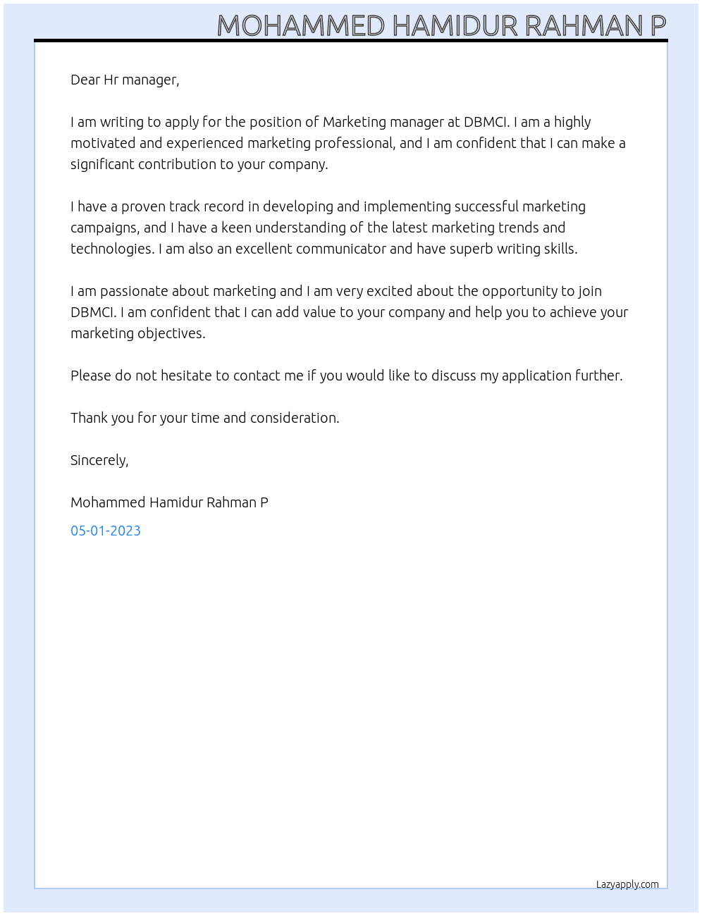 Marketing manager  At DBMCI  Cover Letter