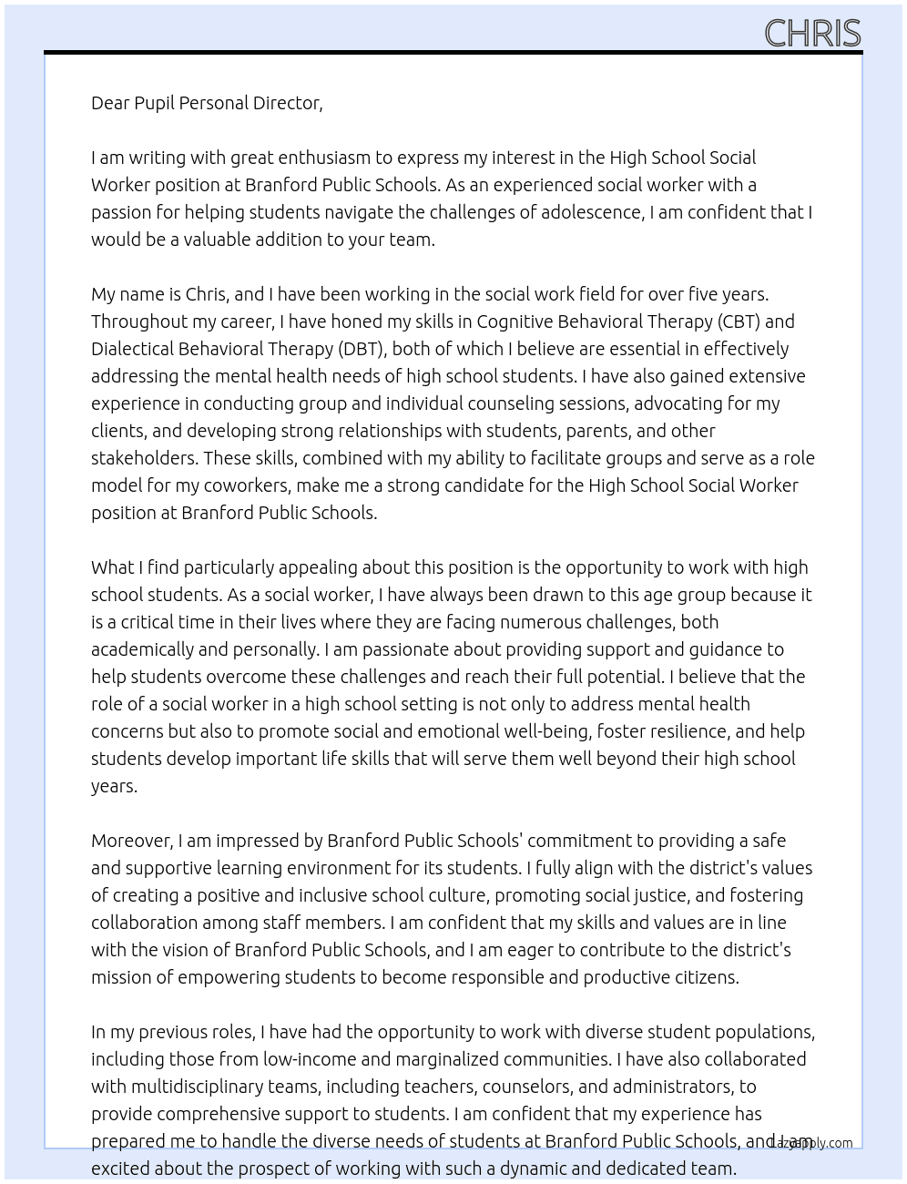 High School Social Worker  At Branford Public Schools  Cover Letter