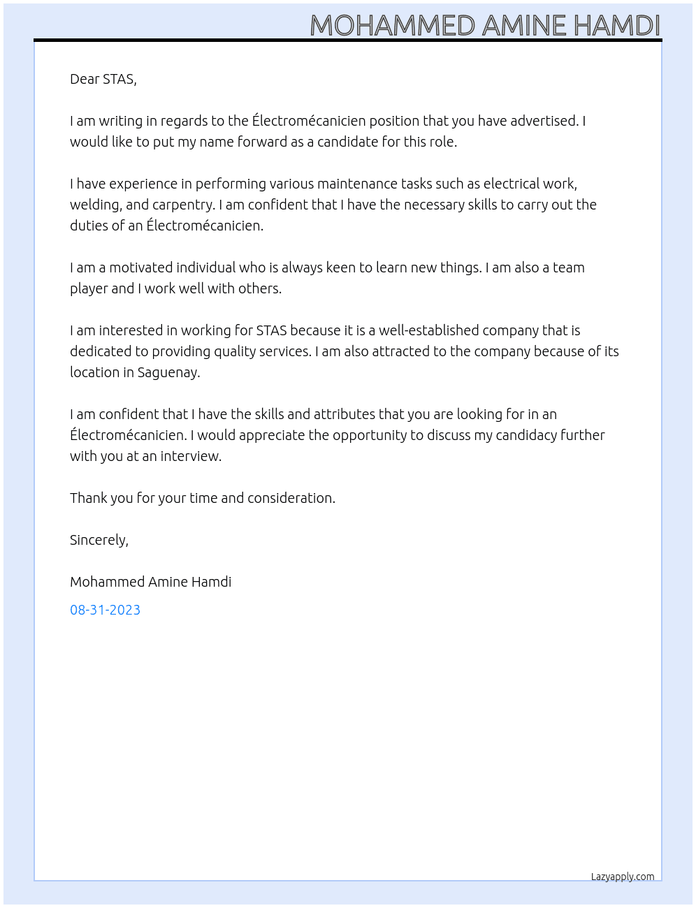 Électromécanicien At STAS Cover Letter