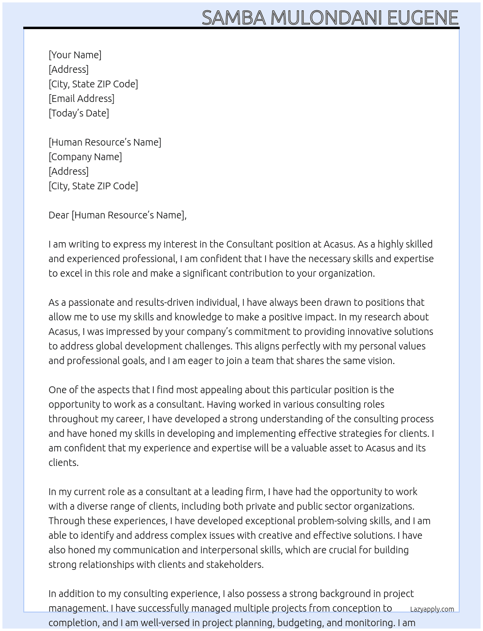 Consultant At Acasus Cover Letter