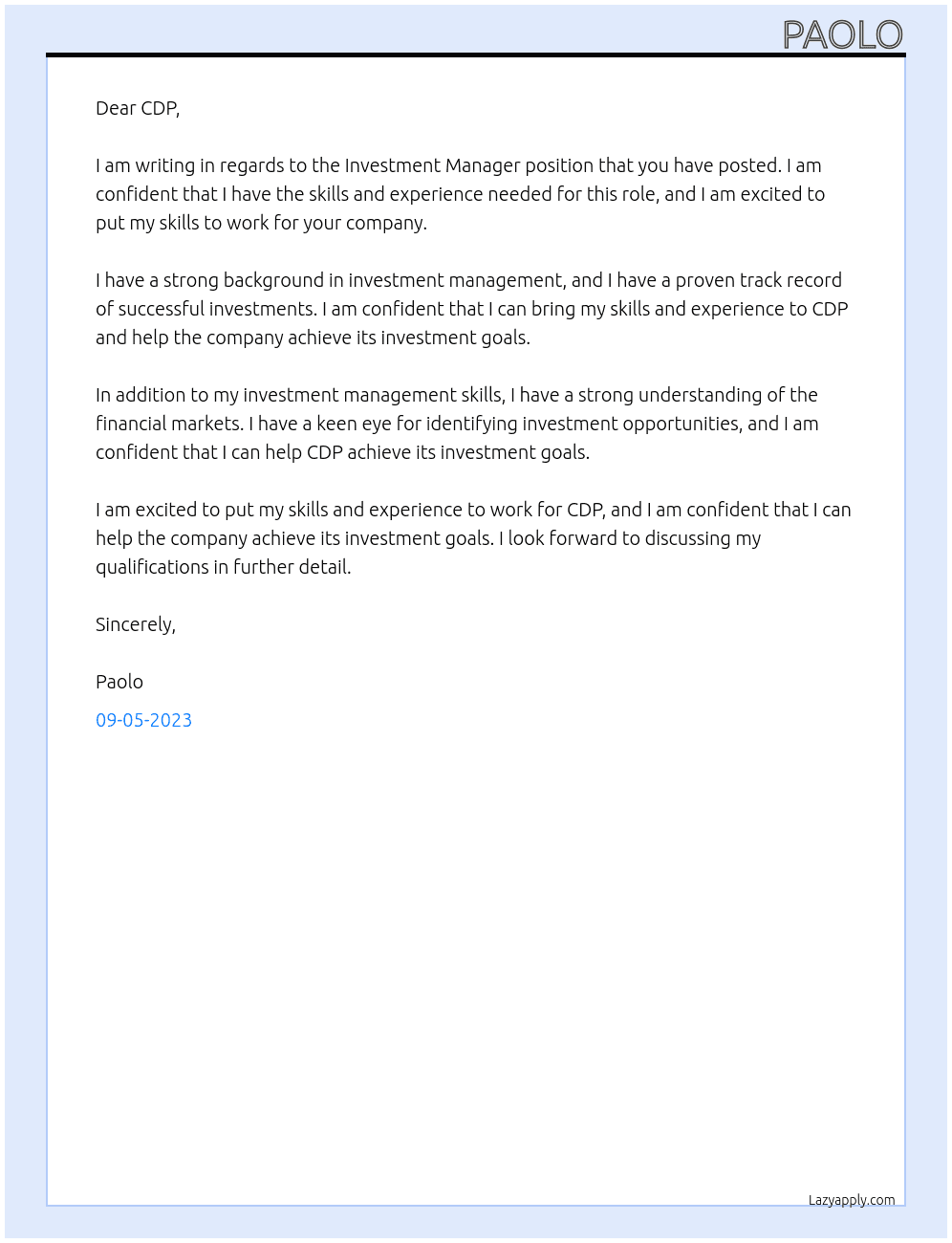 Investment Manager At CDP Cover Letter