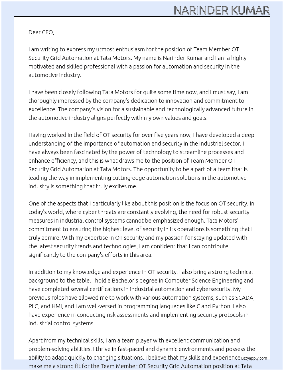 TEAM MEMBER OT SECURITY GRID AUTOMATION At Tata moters Cover Letter