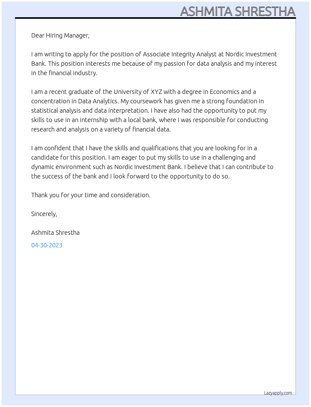 Associate Integrity Analyst At Nordic Investment Bank Cover Letter