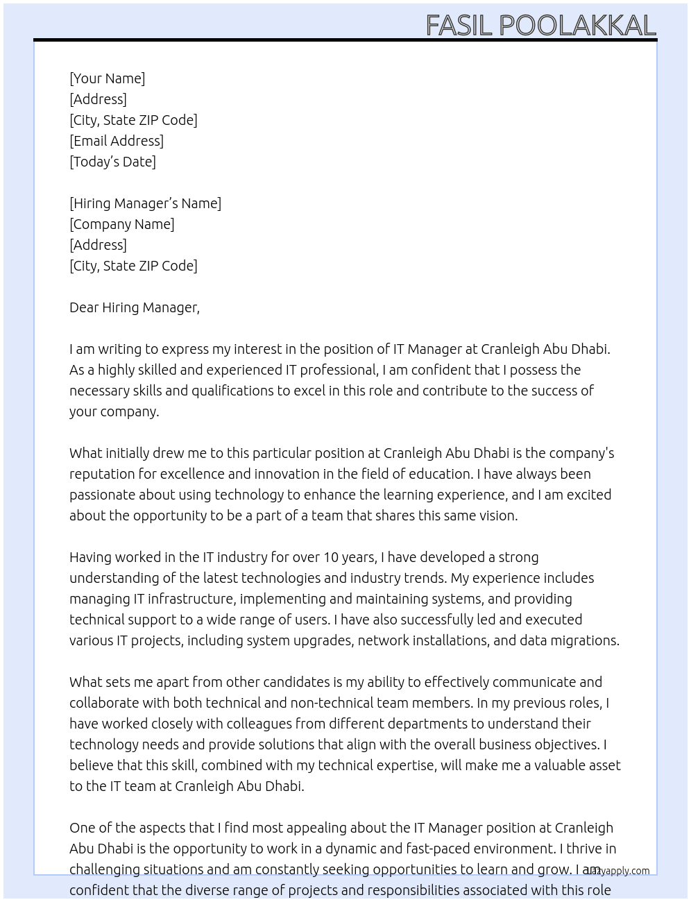 IT Manager At Cranleigh Abu Dhabi Cover Letter