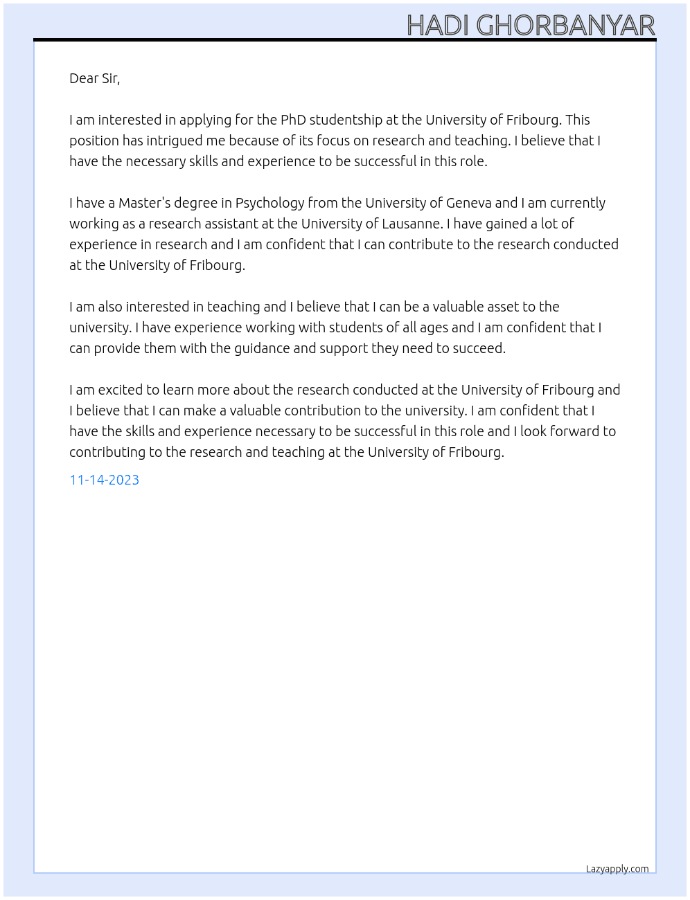 Phd studentship  At University of Fribourg Cover Letter