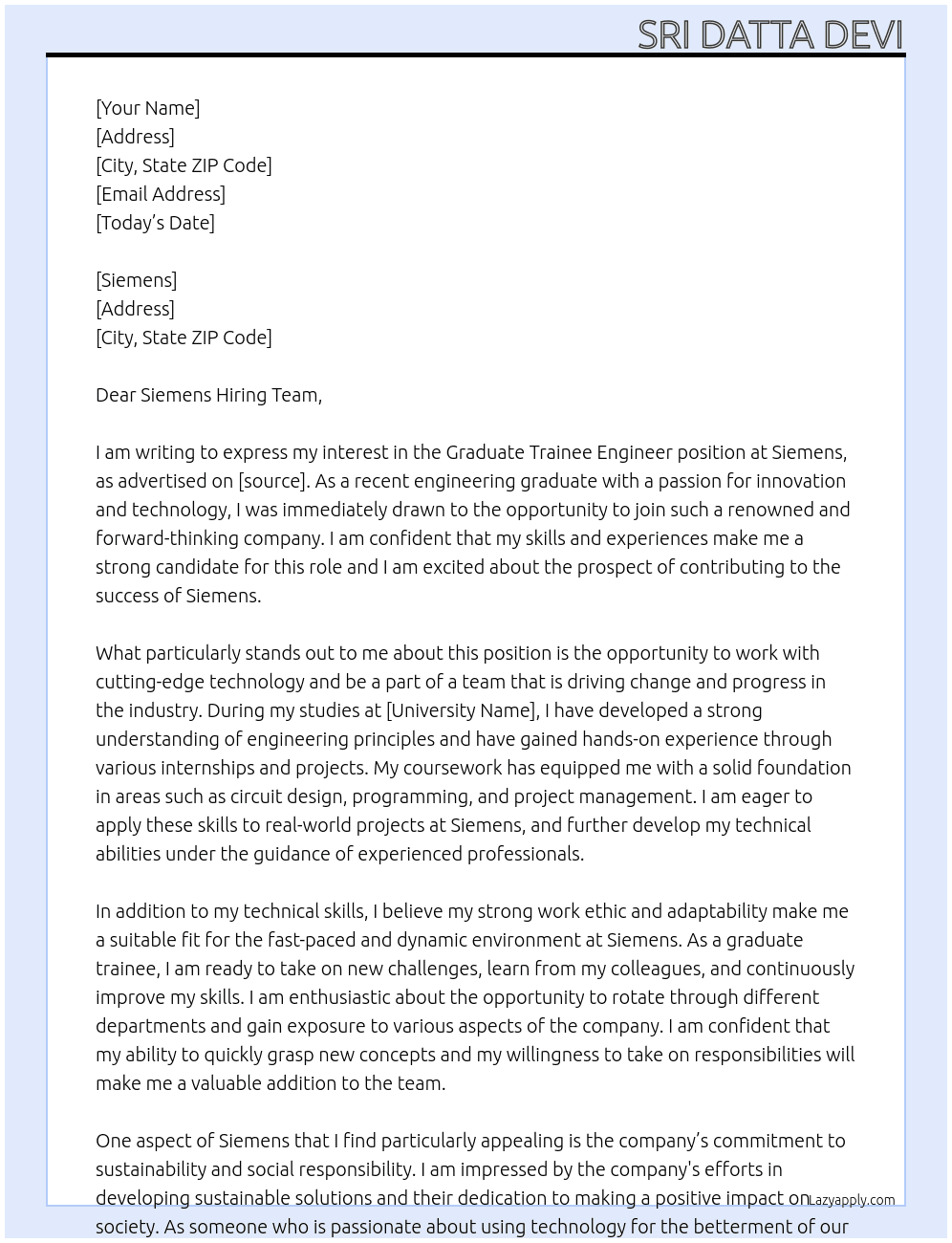 Graduate Trainee Engineer At siemens Cover Letter