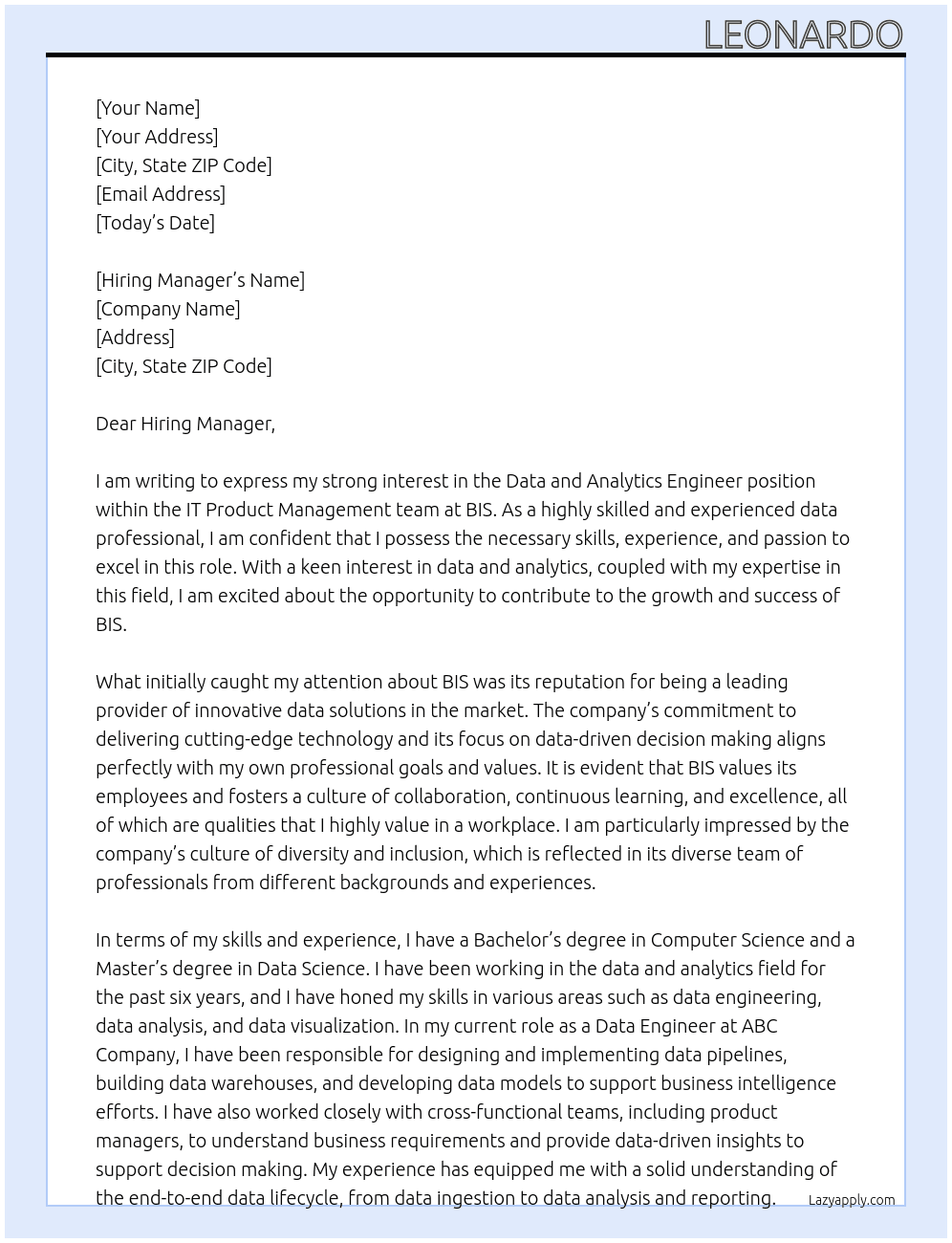 Data and Analytics Engineer - IT Product Management At BIS Cover Letter