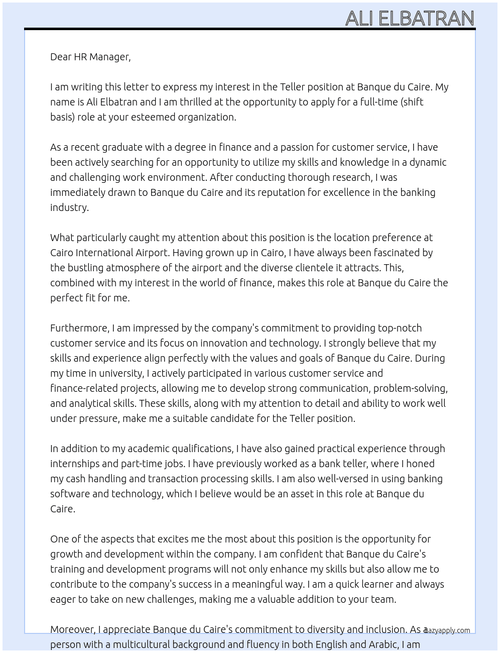 Teller  At Banque du Caire Cover Letter