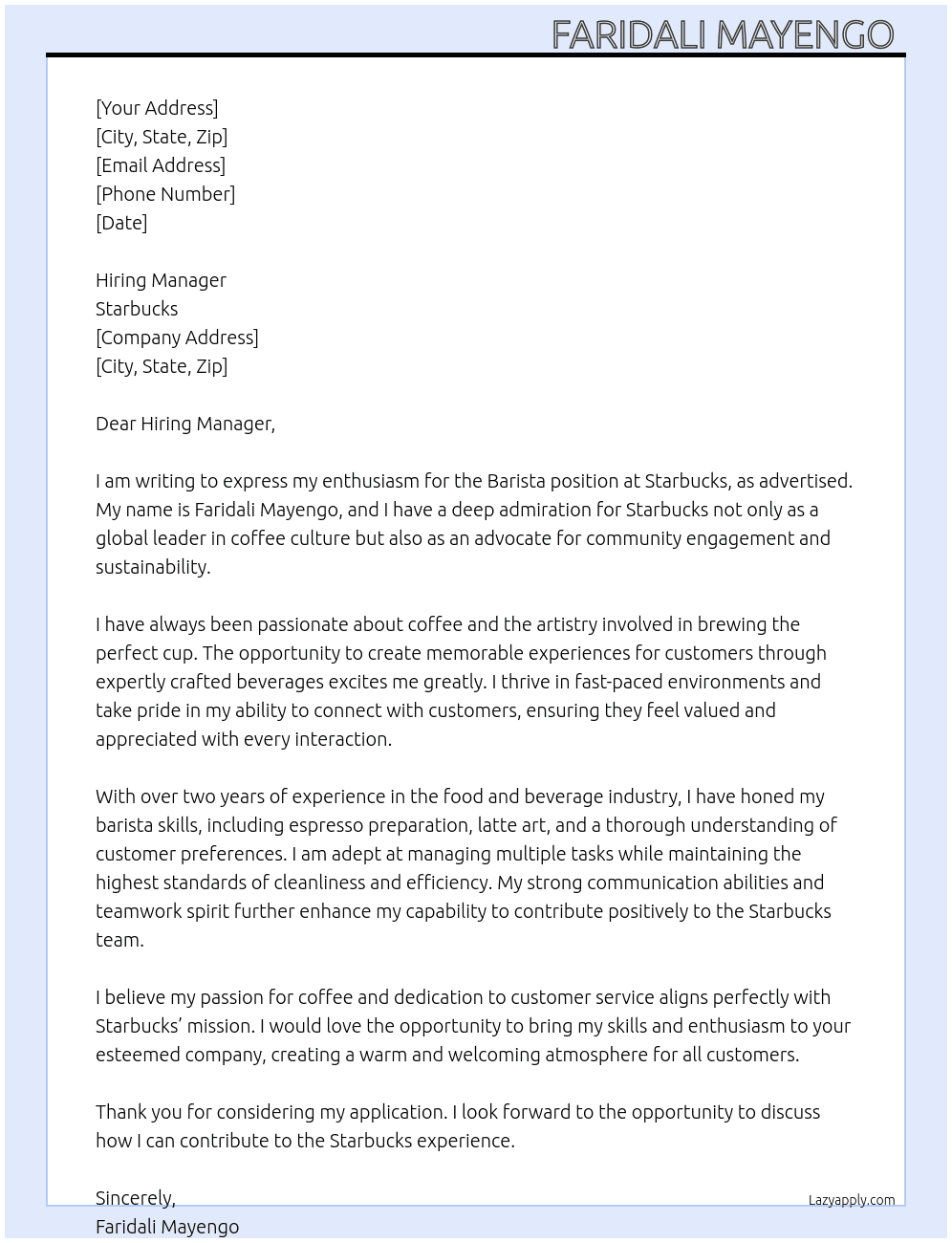 Barista  At Starbucks  Cover Letter