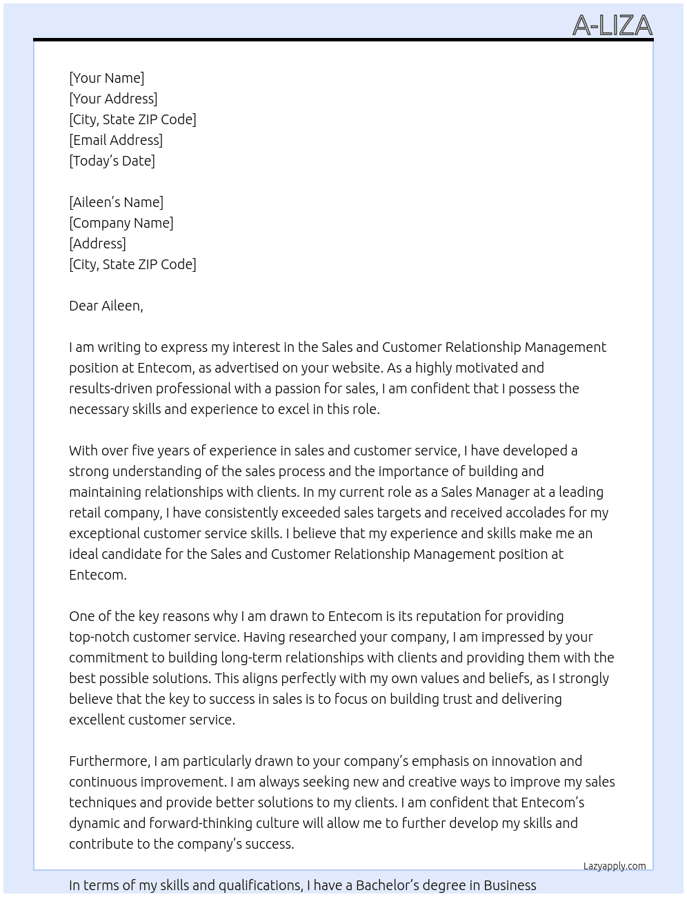 Sales and Customer Relationship Management At Entecom Cover Letter