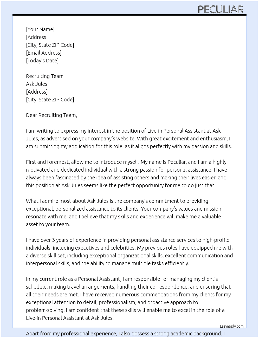 Live-in personal assistant  At Ask Jules Cover Letter