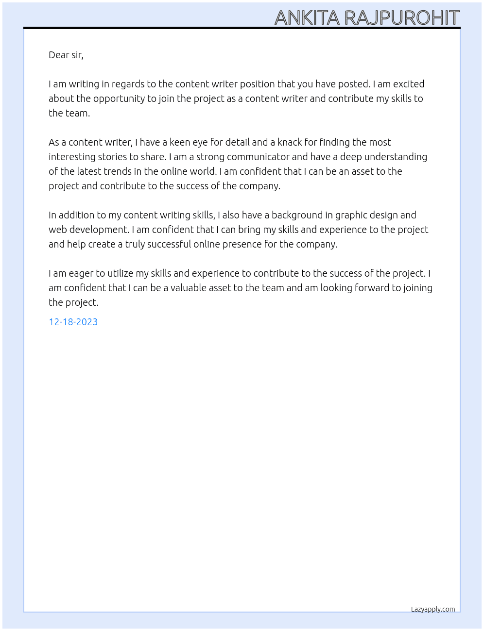 content writer At the project Cover Letter