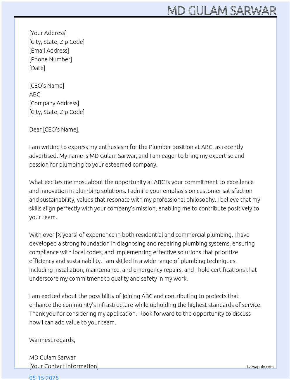 Plumber At Abc Cover Letter