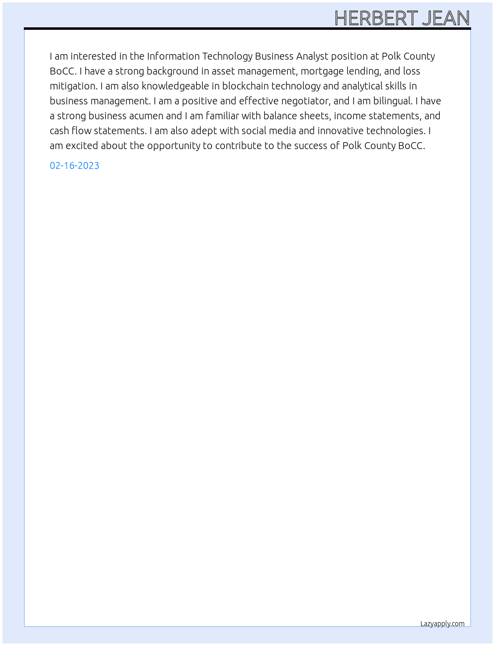 Information Technology Business Analyst At Polk County BoCC Cover Letter