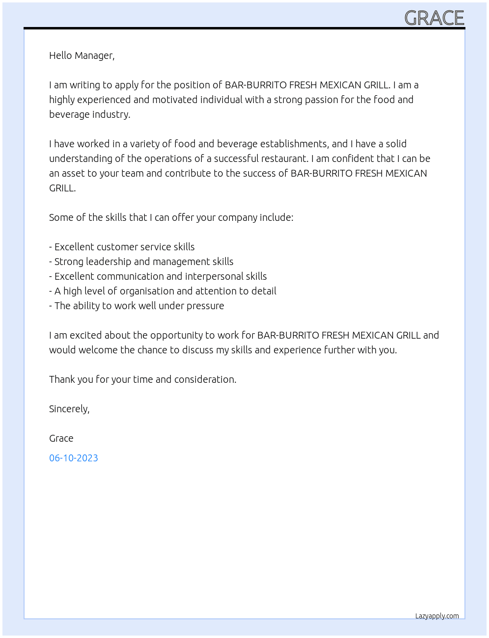 BAR-BURRITO FRESH MEXICAN GRILL At BAR-BURRITO FRESH MEXICAN GRILL Cover Letter