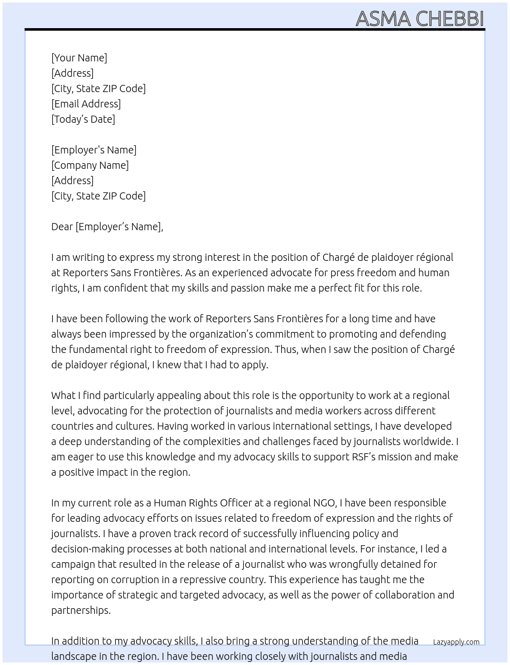 Chargé de plaidoyer régional  At Reporters Sans Frontières Cover Letter