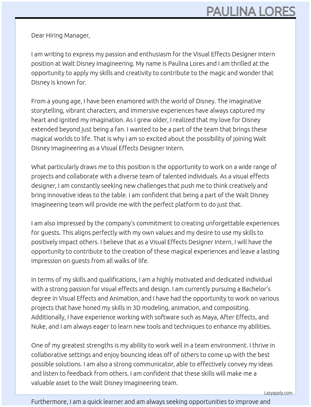 Visual Effects Designer Intern At Walt Disney Imagineering Cover Letter