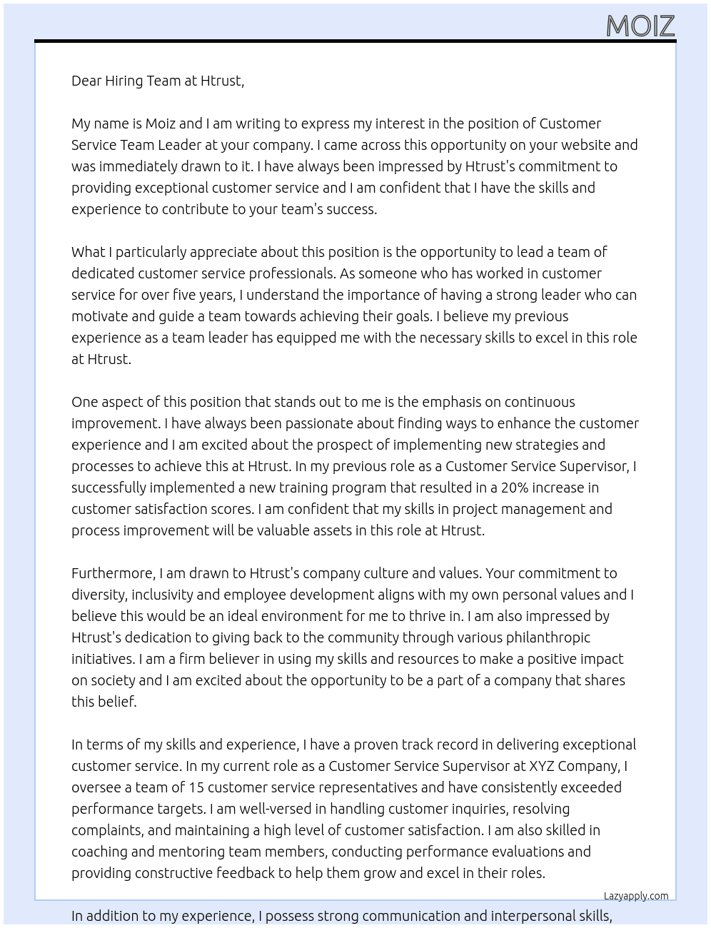Customer Service Team Leader At Htrust Cover Letter