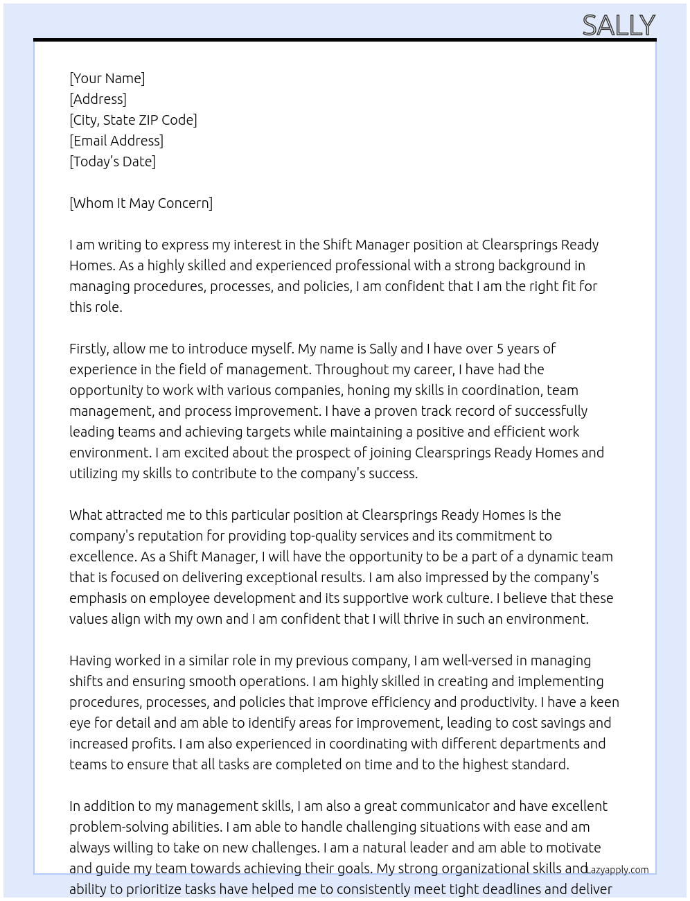 Shift Manager At Clearsprings Ready Homes Cover Letter
