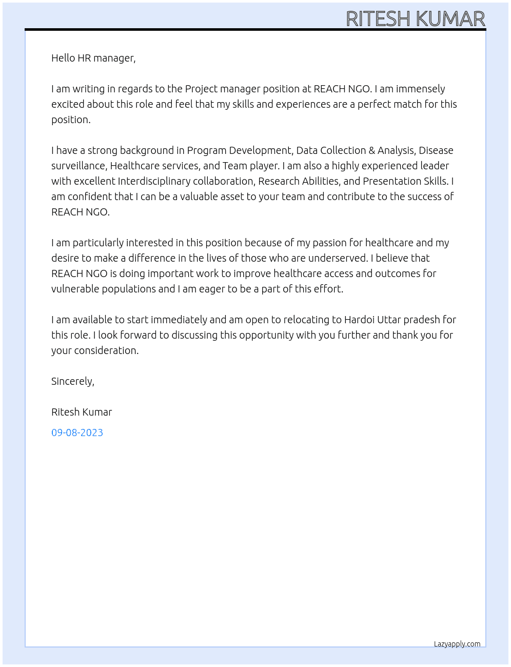 Project manager  At REACH NGO Cover Letter