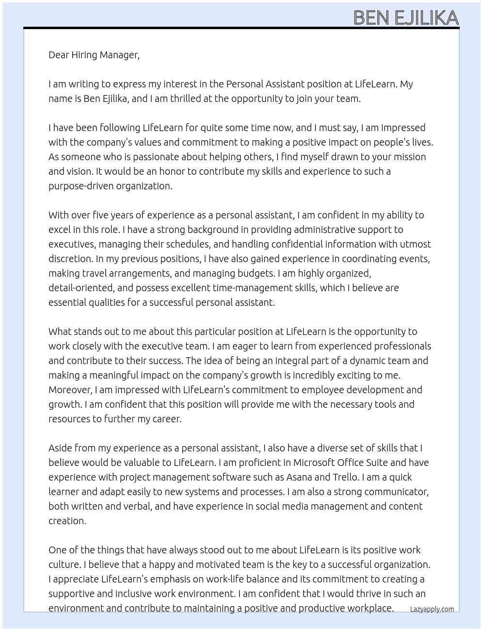 personal assistant At LifeLearn   Cover Letter