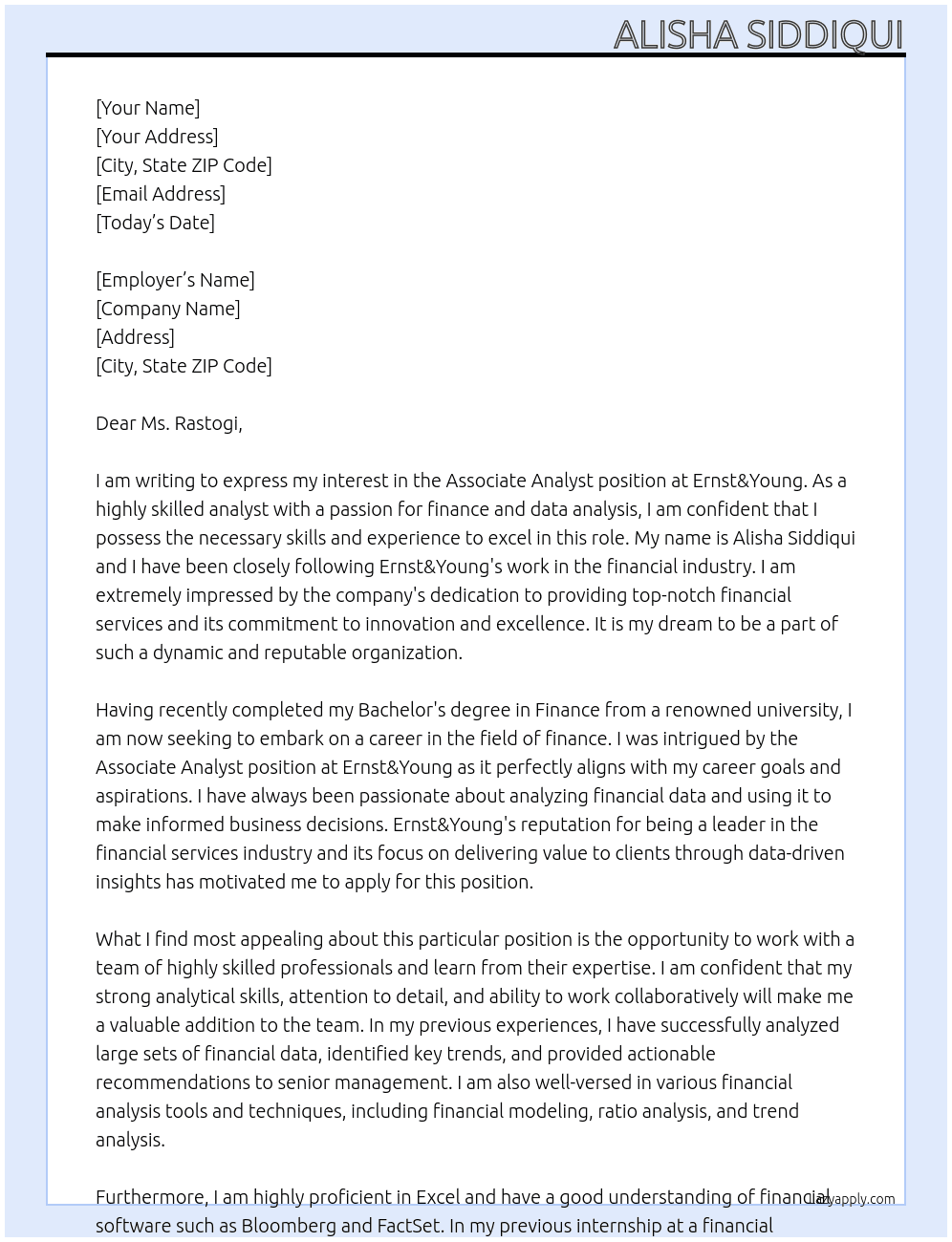 assosciate analyst At Ernst&young Cover Letter