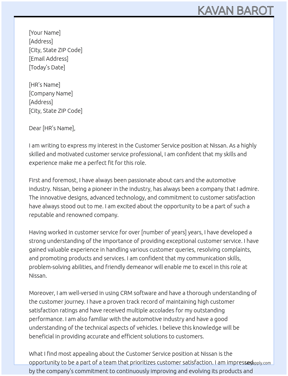 customer service At Nissan Cover Letter