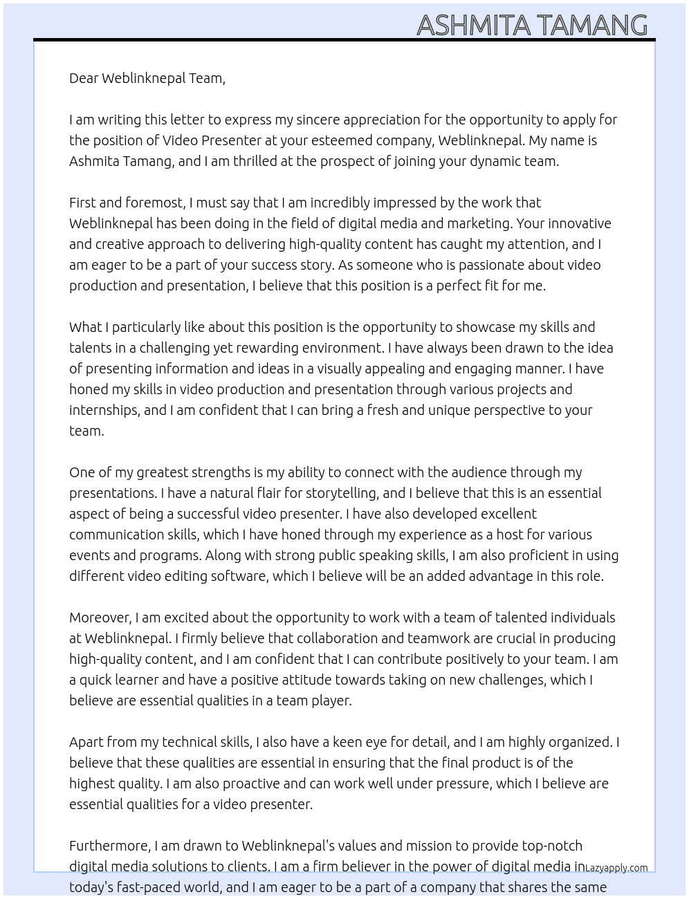 Video presenter  At Weblinknepal Cover Letter