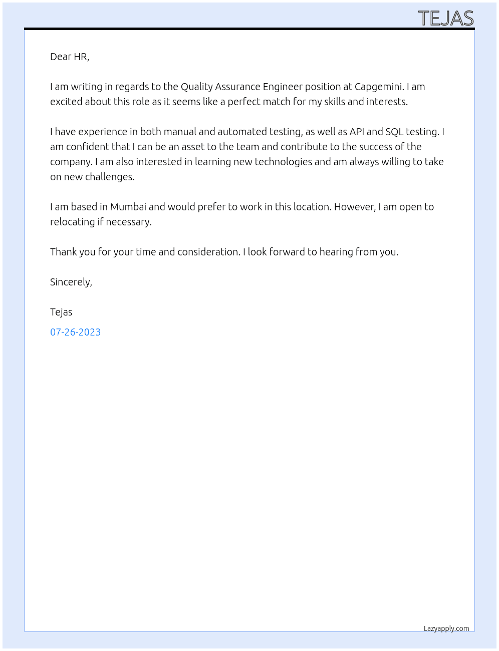 Quality Assurance Engineer At Capgemini Cover Letter