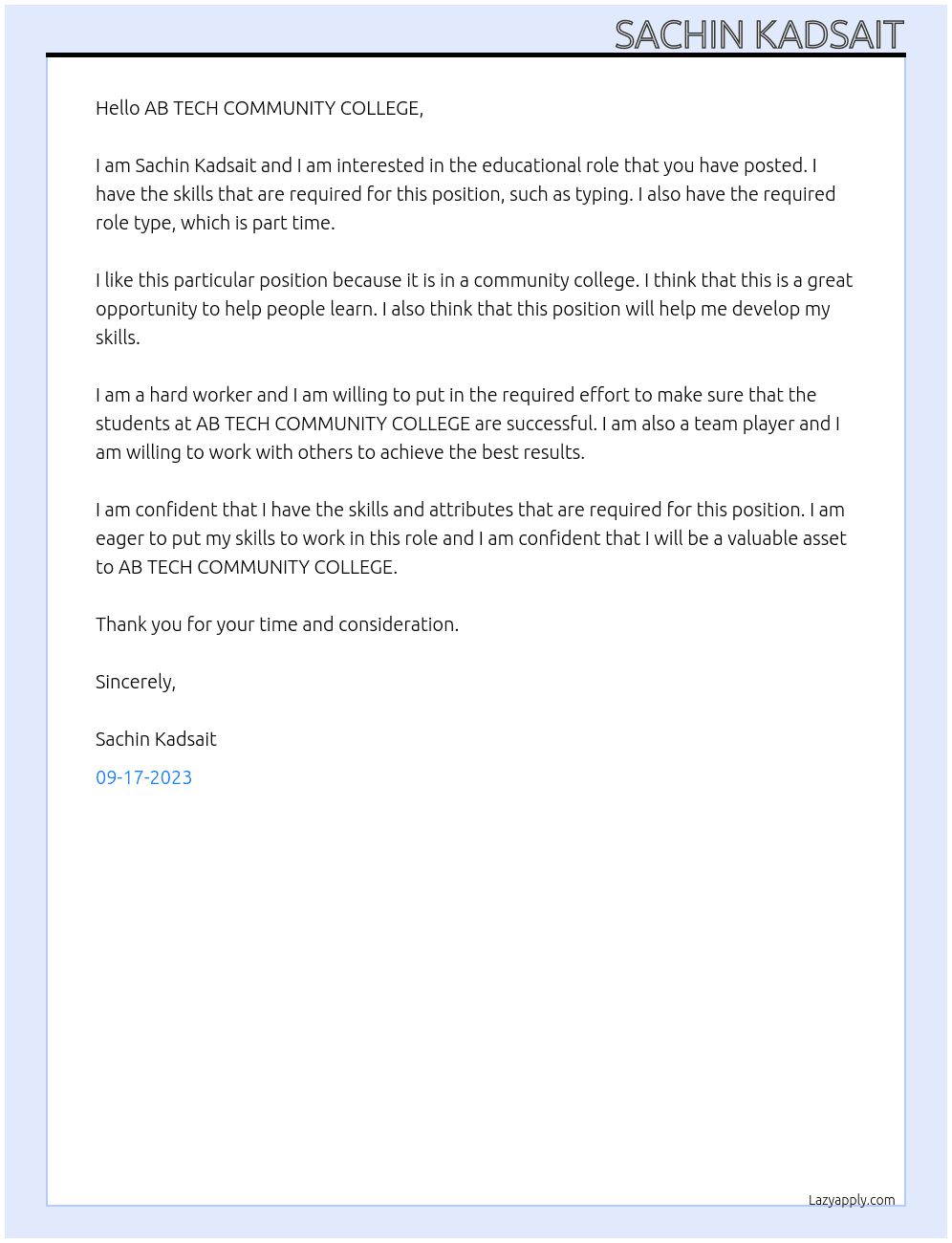 Educational At AB TECH COMMUNITY Cover Letter