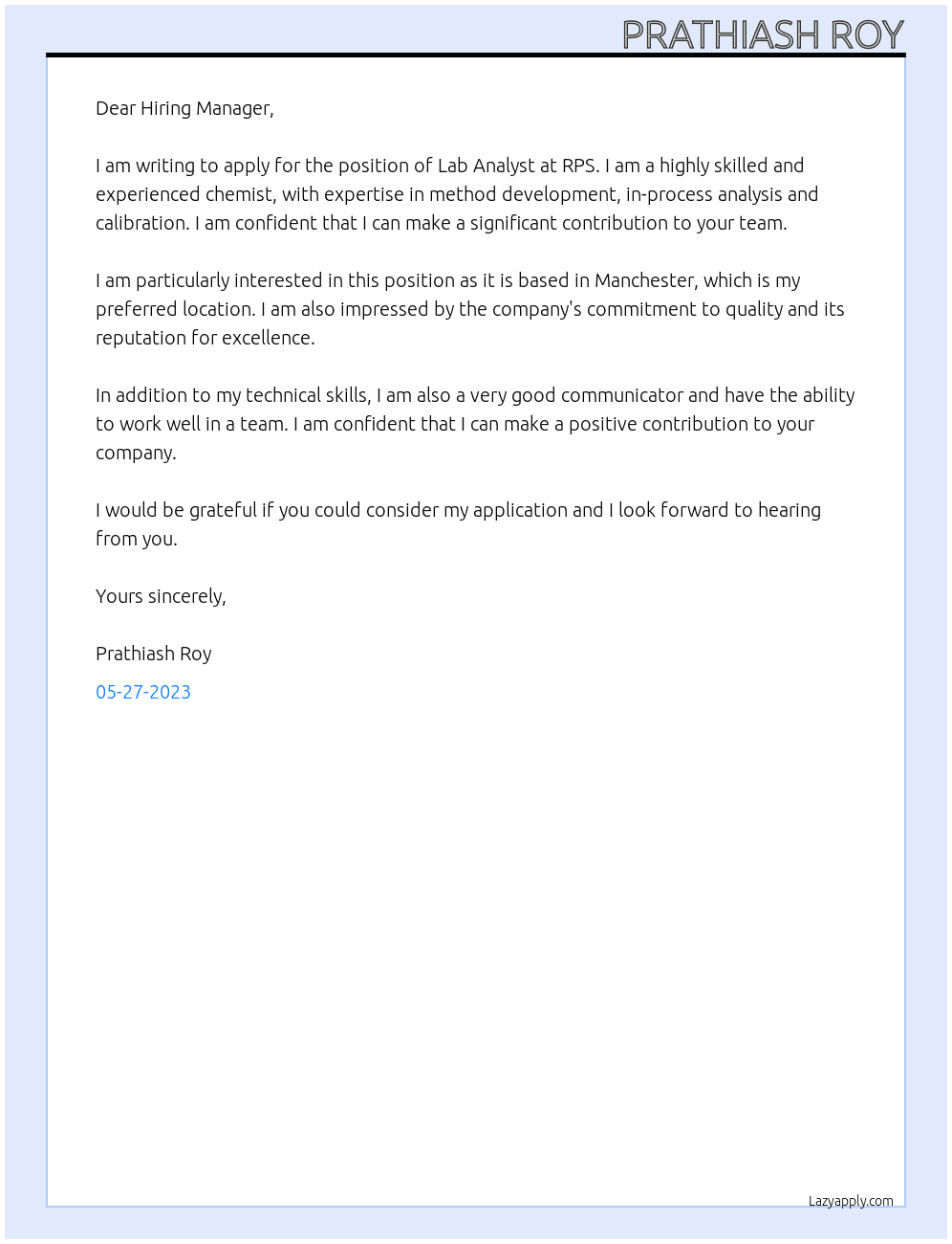 Lab Analyst At RPS Cover Letter