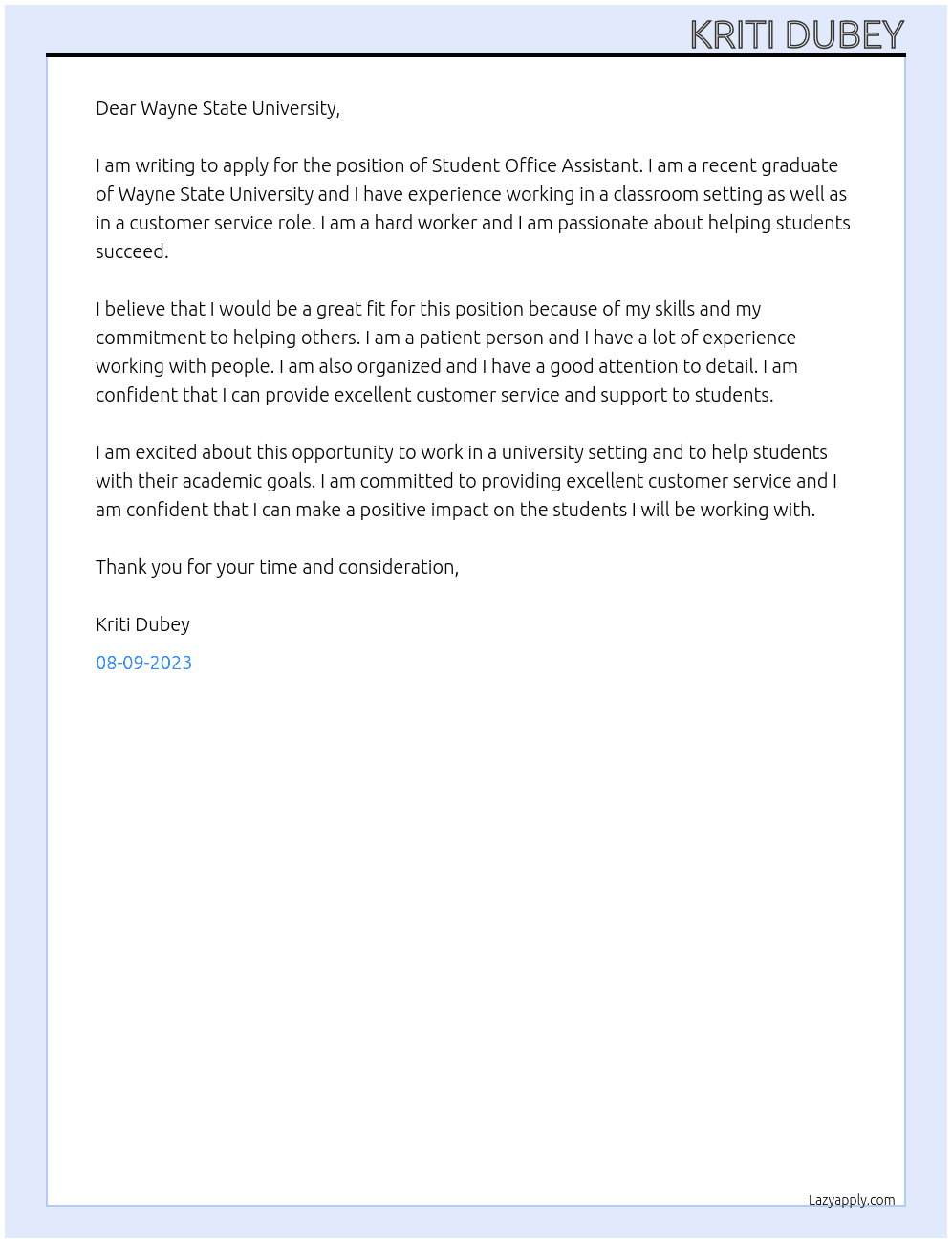 Student office Assistant At Wayne State University Cover Letter