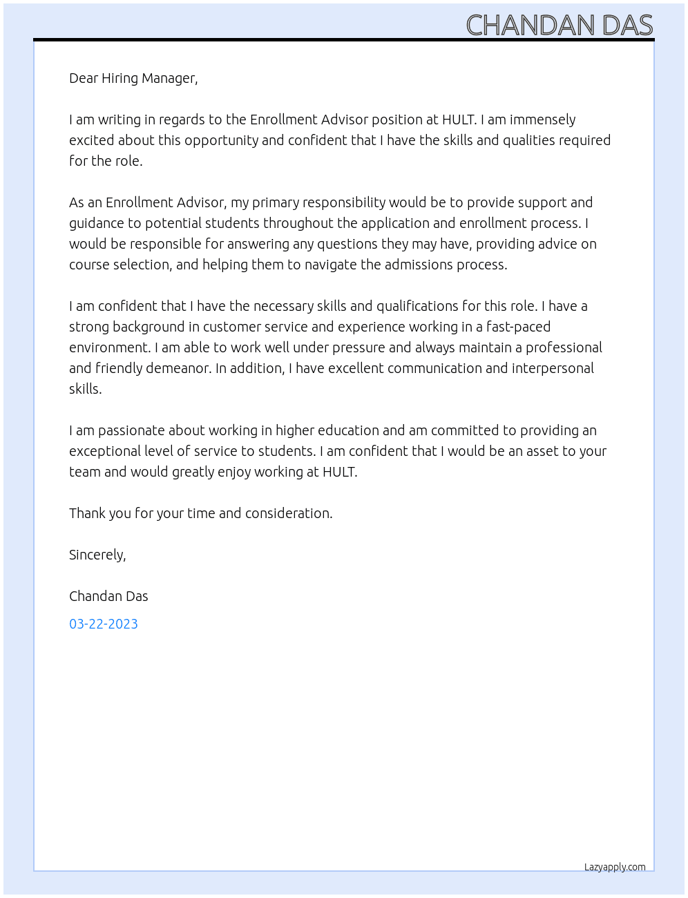 Enrollment Advisor At HULT Cover Letter