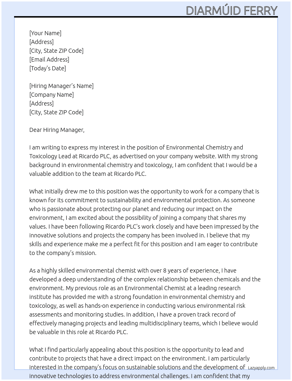 Environmental Chemistry and Toxicology Lead At Ricardo PLC Cover Letter