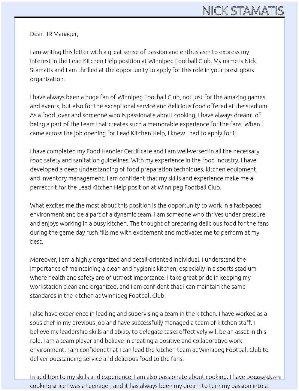 Lead Kitchen Help At Winnipeg Football Club Cover Letter