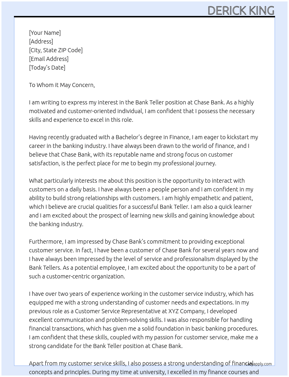 Bank Teller  At Chase Bank Cover Letter