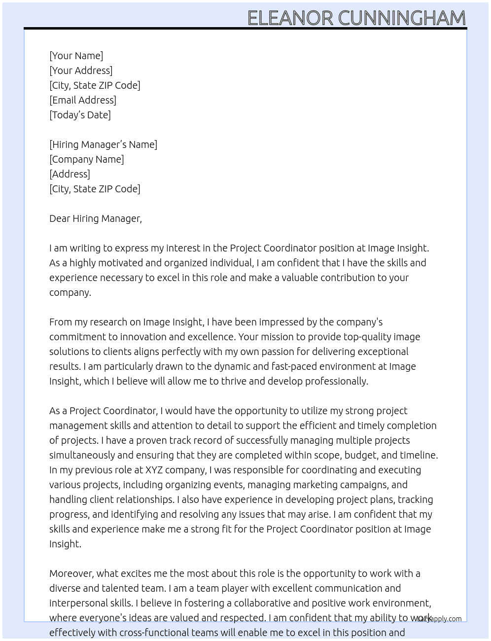 Project Coordinator  At Image Insight Cover Letter