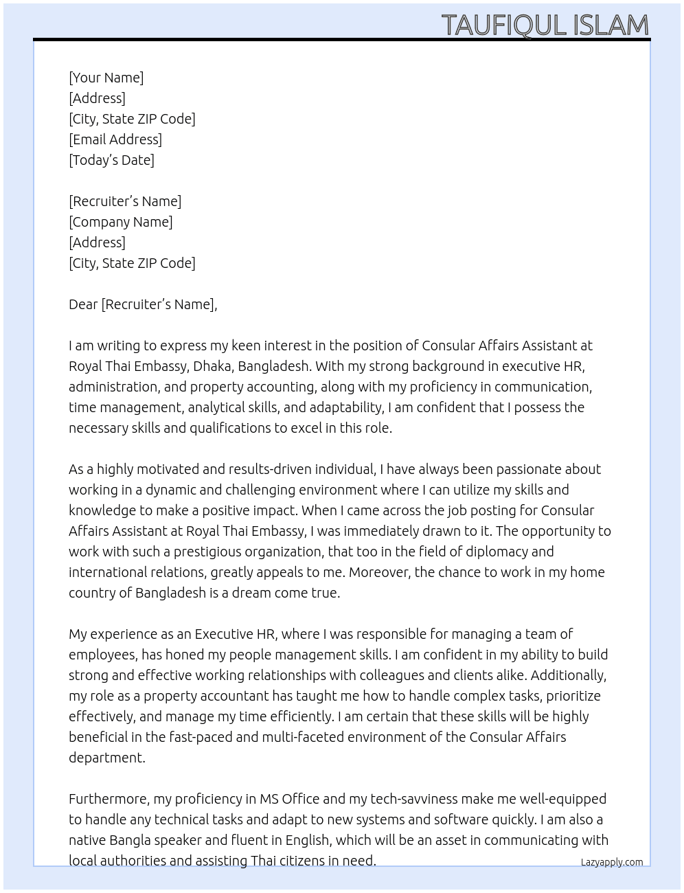 consular affairs assistant At Royal Thai Embassy, Dhaka, Bangladesh Cover Letter