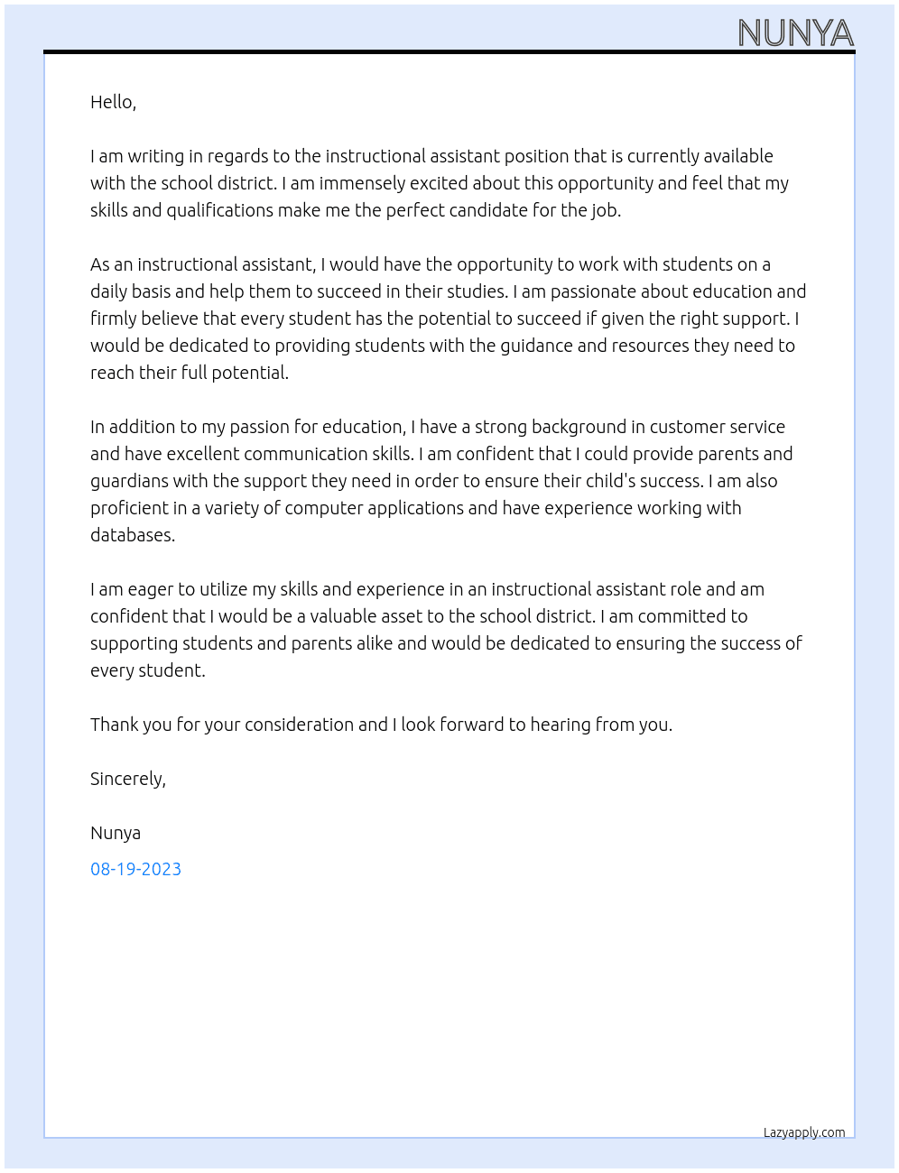 Instructional assistant At school district Cover Letter