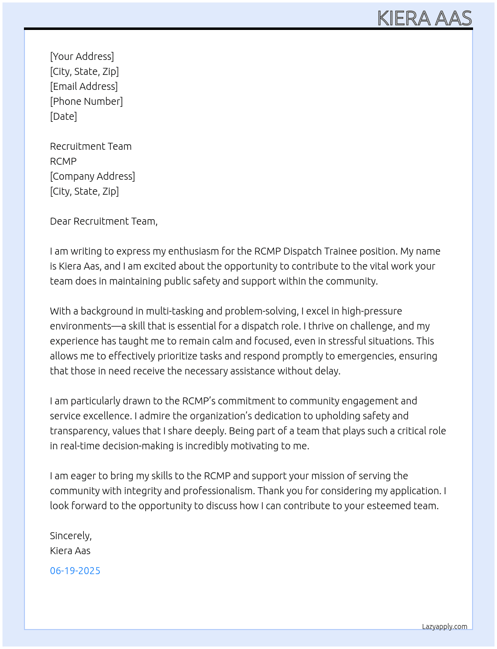Rcmp Dispatch Trainee At RCMP Cover Letter