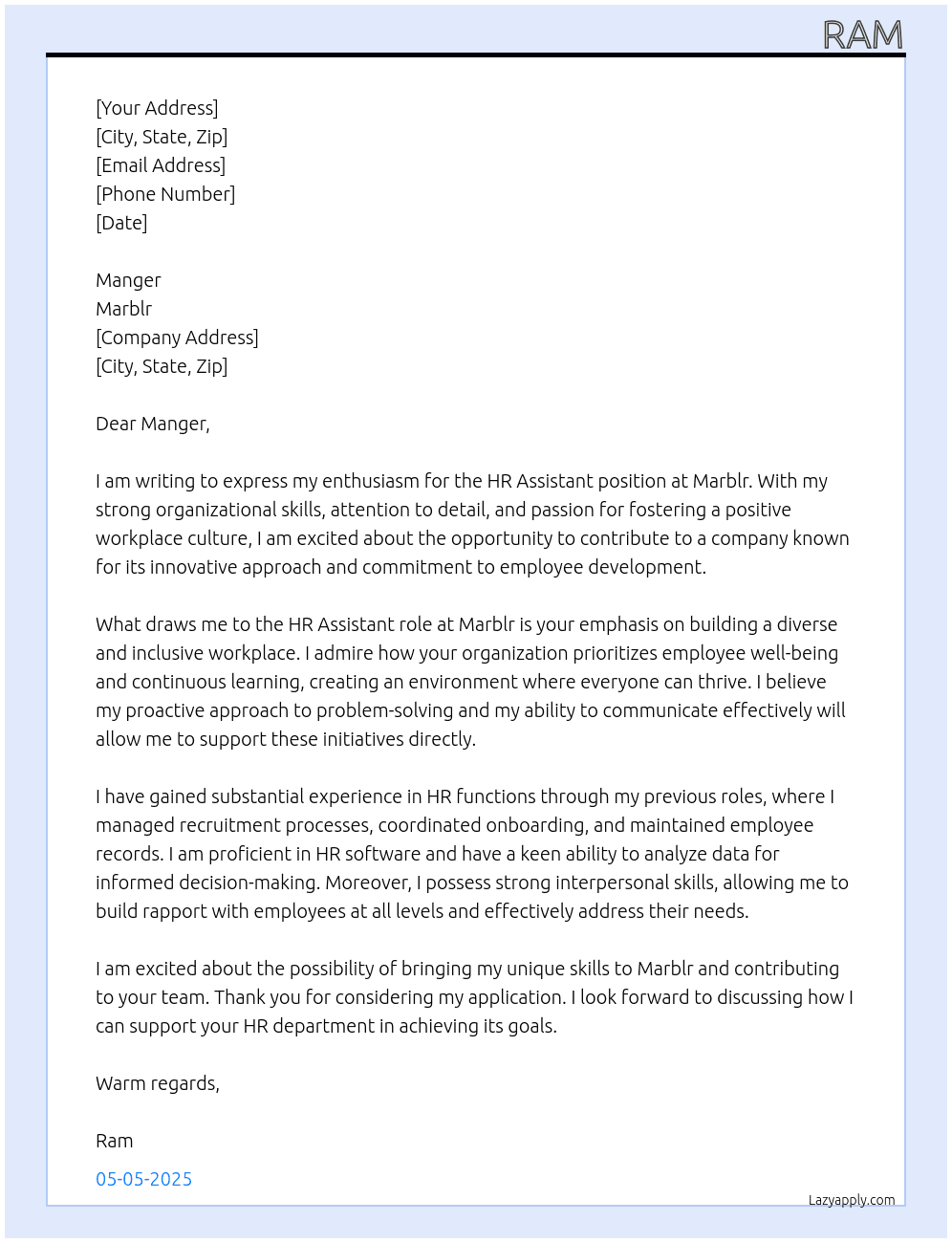 hr assistentes At marblr Cover Letter