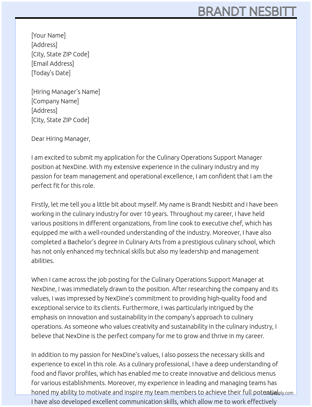 Culinary Operations Support Manager At NexDine Cover Letter