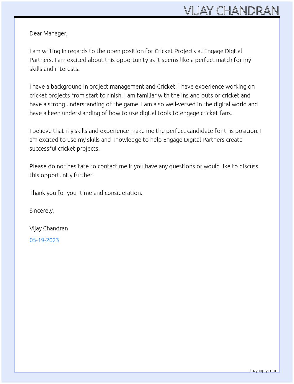 Cricket Projects At Engage Digital Partners Cover Letter